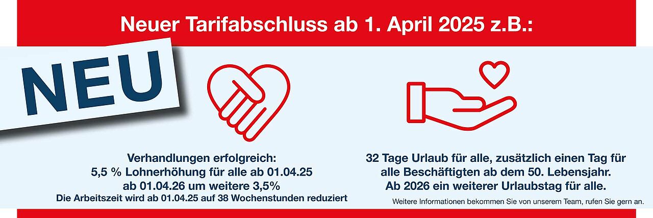 Tarifabschluss, mehr Urlaub, Lohnerhöhung und Wochenarbeitszeitreduzierung